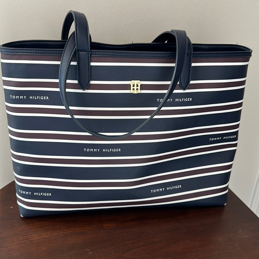 Tommy Hilfiger vinyl tote, red white & blue stripes
